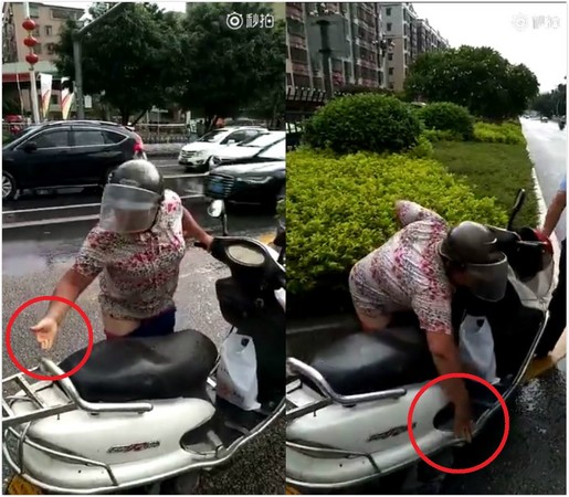 ▲▼廣東省清遠市一名43歲黃姓大媽騎機車逆向，為了不要讓警方扣查，脫褲並把屎抹在機車上。（圖／翻攝自秒拍／印象清遠）
