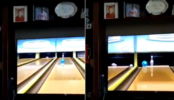 打保齡球洗溝，汪星人冷眼不屑。（圖／翻攝自Twitter@brewmanchew13）