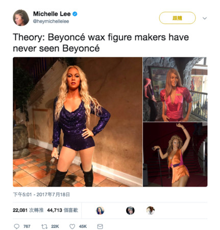 ▲beyonce蠟像被說像琳賽羅涵。（圖／翻攝自heymichellelee推特）