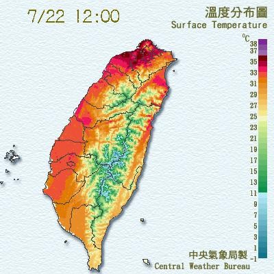 今「大暑」全台熱成烤番薯！　淡水出現37.7度創今年新高（圖／取自中央氣象局）