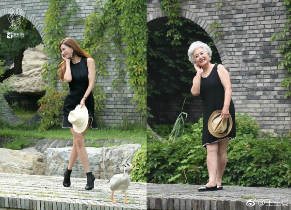 ▲大陸網友為70歲奶奶祝壽，特地帶奶奶模仿女神林志玲街拍。（圖／翻攝自微博）