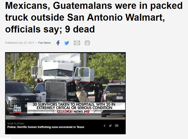 ▲德州警方在美墨邊界查獲一輛涉嫌人口販運的大貨車，車內擠滿38名偷渡者，其中9人因為高溫脫水死亡，另有20人重傷送醫急救。（圖／翻攝自Fox News）