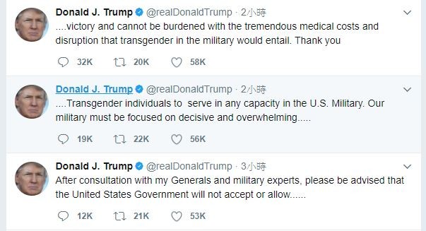 川普推特表示：未來不接受變性人從軍。（圖／取自推特／Donald J. Trump）