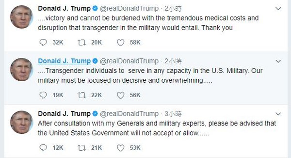 川普推特表示：未來不接受變性人從軍。（圖／取自推特／Donald J. Trump）
