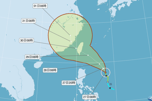 ▲27日8時颱風尼莎路徑預測。（圖／中央氣象局）