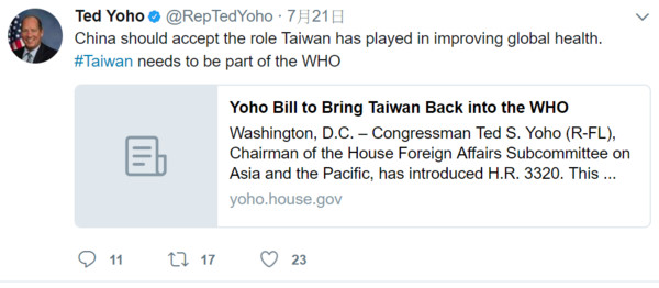 ▲共和黨議員約霍（Ted Yoho）在推特上支持台灣加入世界衛生組織（WHO）。（圖／翻攝自Ted Yoho推特）