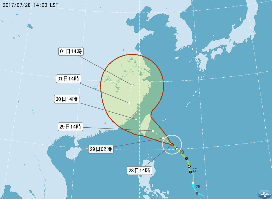 ▲尼莎颱風28日1800路徑。（圖／中央氣象局）