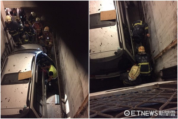 ▲新北市蘆洲區一輛汽車於停車升降梯內疑似機械平台故障，由1樓墜落至地下1樓。（圖／記者翻攝畫面）