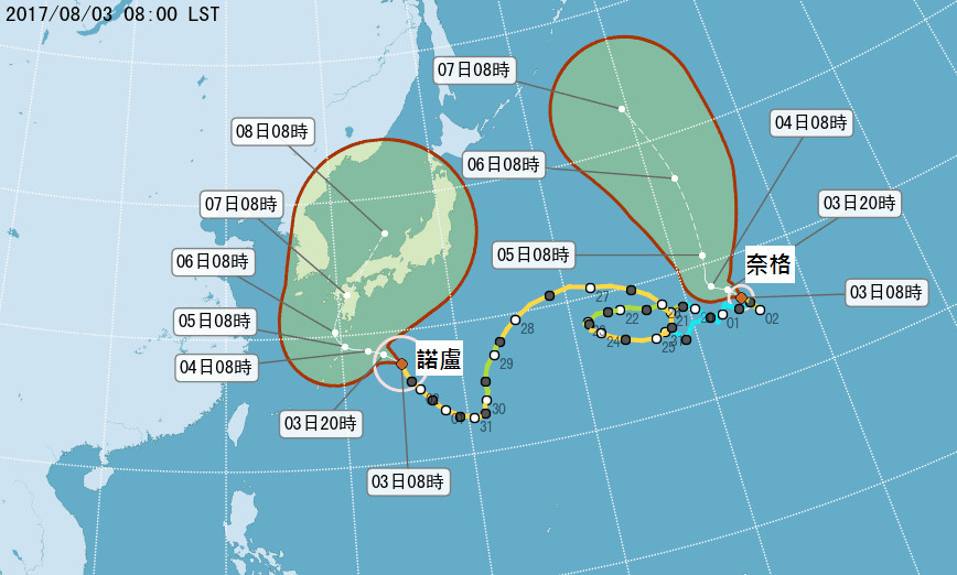 ▲諾盧、奈格颱風路徑。（圖／中央氣象局）