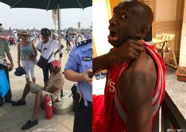 ▲▼7月初有一名黑人在北京天安門前中暑，隔幾天後又傳出黑人足球員曬黑。（組合圖／翻攝自北京青年報、丁海峰32微博）