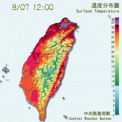 ▲0807台北高溫飆到38.3度，全台氣溫分布圖。（圖／中央氣象局）