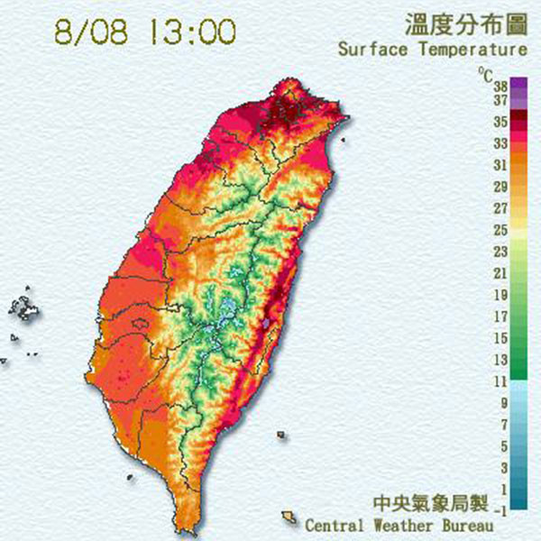 ▲台北持續飆高溫，全台各地紫外線指數達過量、危險級。（圖／中央氣象局）