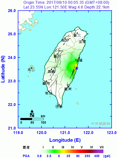 ▲▼搖了幾下！花蓮4.6淺層地震00:05來襲　中台都有感。（圖／中央氣象局）