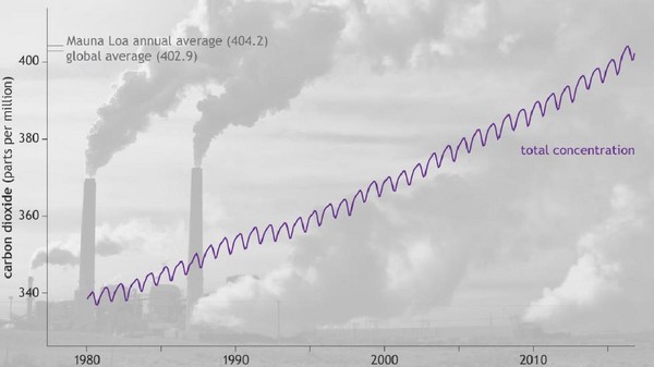 ▲ 1980至2016年的夏威夷冒納羅亞火山的二氧化碳濃度，顯示逐年上升。（圖／翻攝美國國家海洋暨大氣總署網站）