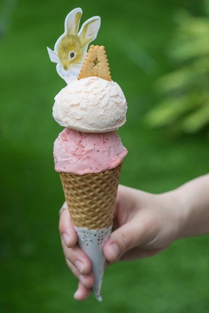 也可以點「小花冰淇淋」在庭院裡散步享用，圖為濃口的愛爾蘭奶油搭配酸甜莓果。（160元／2球）