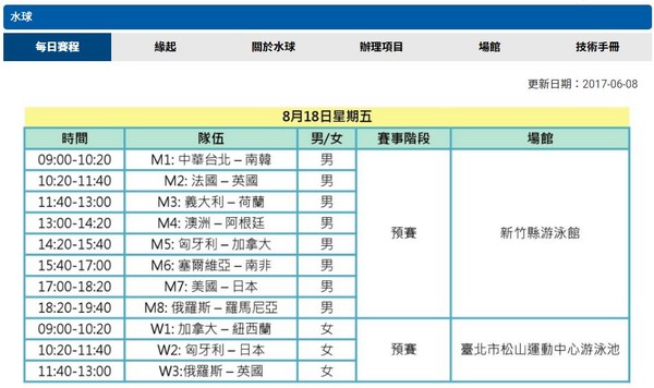 2017台北世大運水球預賽表。（圖／翻攝自台北世大運官網）
