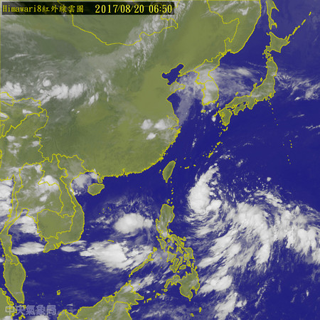 20日晴朗炎熱大台北36度，下週颱風恐影響台灣。（圖／中央氣象局）