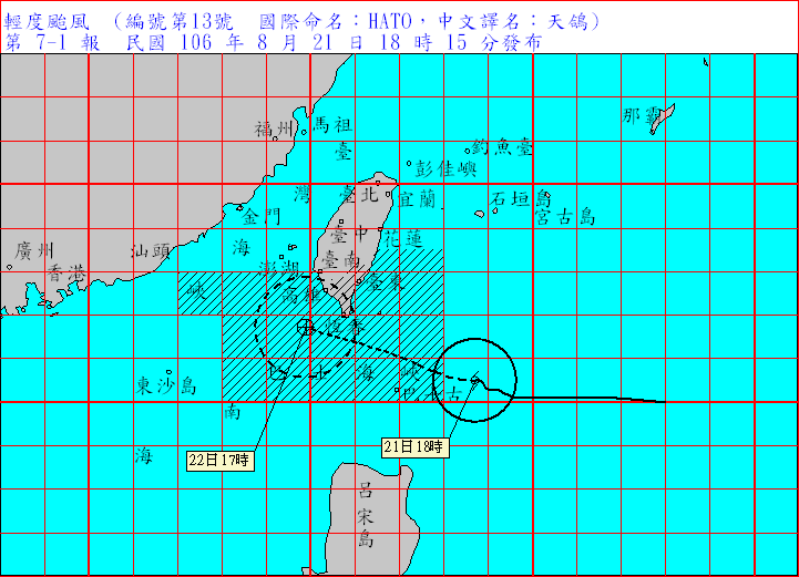 ▲天鴿逼近，暴風圈預估22日清晨觸陸。（圖／中央氣象局）