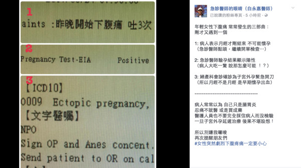 ▲月經剛過⋯她劇烈下腹痛竟是「懷孕了」。（圖／取自急診醫師的眼睛粉專）