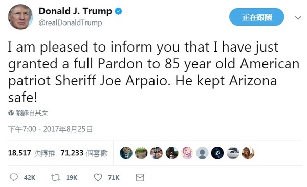 ▲▼川普PO推文表示，「我很高興地宣布，我剛剛特赦了85歲的美國愛國警長阿帕歐，他維護了亞歷桑納的安全」。（圖／翻攝自川普推特）