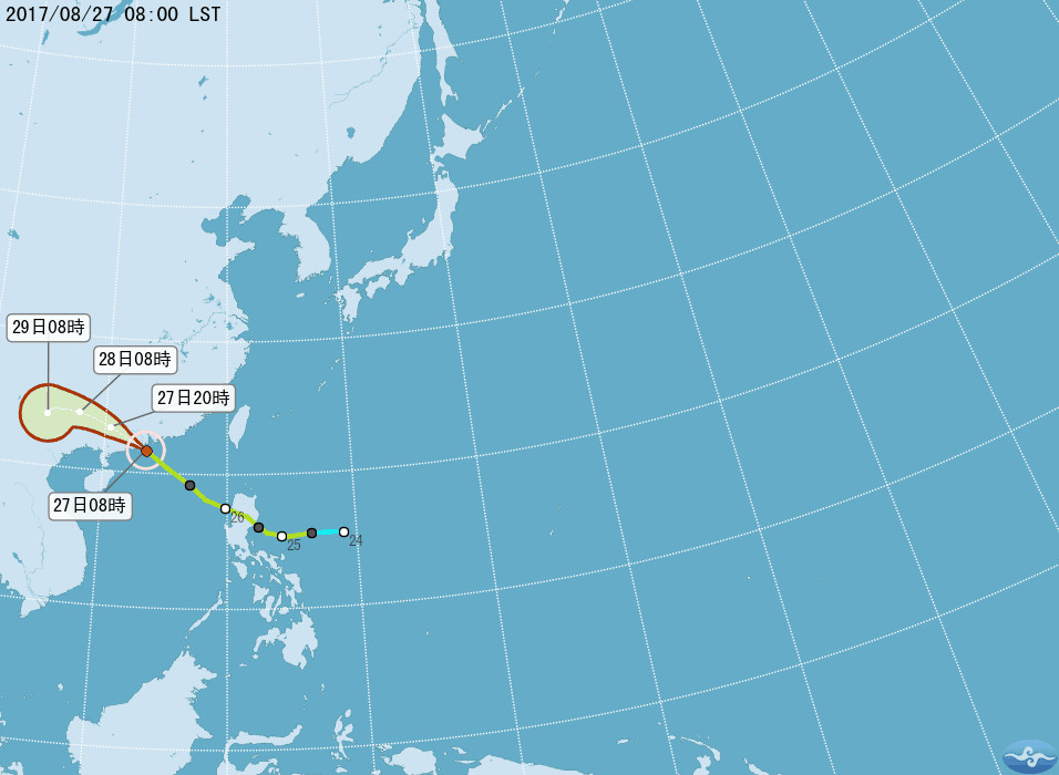 輕度颱風帕卡往港、澳、粵西一帶進行 。（圖／取自中央氣象局）