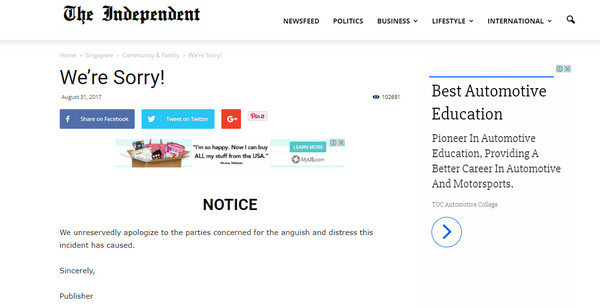 ▲▼新加坡網路媒體為錯誤報導星國青年在大馬車禍的新聞道歉 。（圖／翻攝自《The Independent》）
