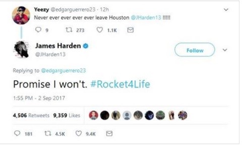 ▲哈登在推特公開回應球迷，保證一輩子都是火箭人。（圖／翻攝自哈登推特）