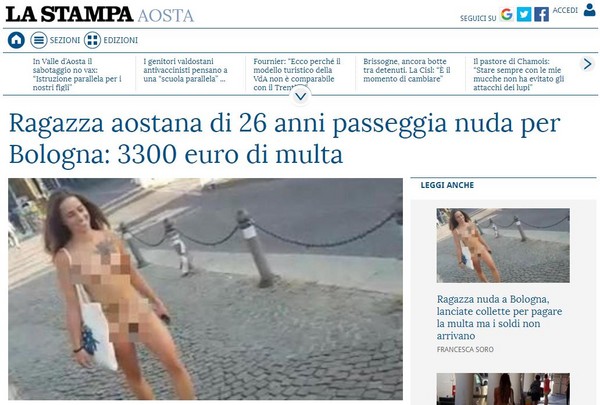 ▲▼ 義大利26歲女性全裸上街測試男人狼性，被開罰3300歐元（約新台幣11萬）。（圖／翻攝自LA STAMPA網站）