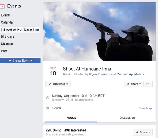 ▲▼佛州居民在臉書創活動頁要對艾瑪颶風開槍。（圖／翻攝自臉書Shoot At Hurricane Irma）