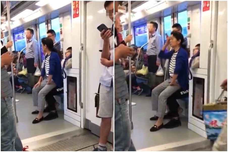 ▲中國南京一名大媽坐在年輕人大腿上。（圖／翻攝自網易視頻）