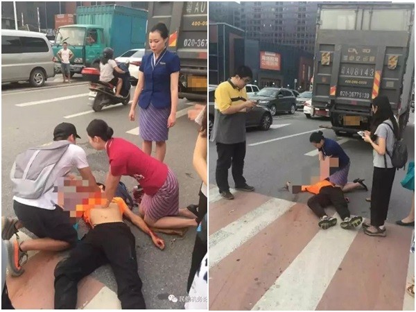 ▲中國南方航空3名空姐目擊車禍，跪地CPR搶救傷患。（圖／翻攝自微博）