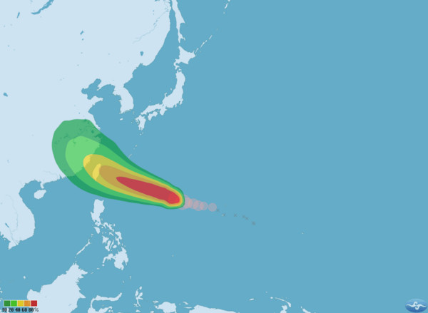 泰利持續稱強變胖，接近台灣時恐變強颱。      （圖／翻攝自中央氣象局）