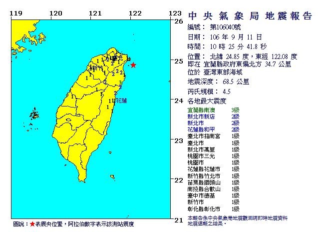 ▲宜蘭外海發生地震。（圖／翻攝自氣象局官網）