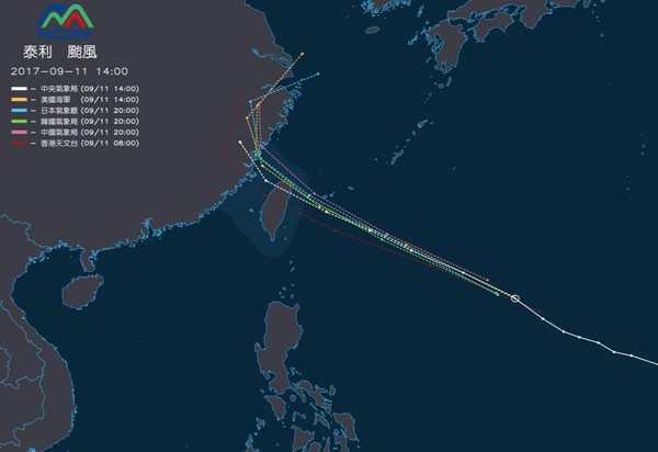 ▲各國路徑預測，台灣躲不過泰利。（圖／國家災害防救科技中心） 