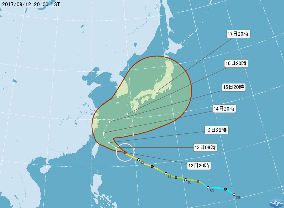 ▲泰利颱風12日2000路徑預測。（圖／中央氣象局）