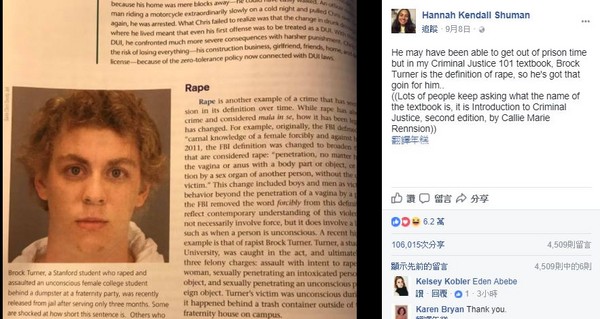 ▲▼美教課書用特納（Brock Turner）的照片定義「性侵」。（圖／翻攝自facebook／Hannah Kendall Shuman）