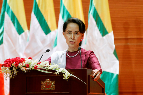 ▲ 翁山蘇姬偷過直播發表緬甸政府最新立場。（圖／路透社）