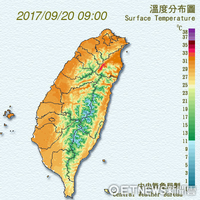 今天白天高溫仍可達32至35度。（圖／翻攝自氣象局）