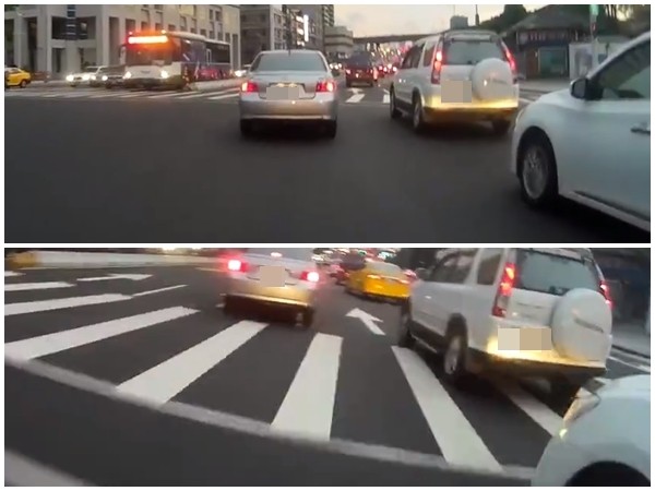 ▲▼這樣是逼車嗎？網友騎車行經台北市忠孝西路二段時，被一輛白色小客車逼車兩次，氣得他將過程檢舉。警方回應，內外道都應互相禮讓，不算違規，讓原PO氣得說，「機車都該死就對了？」。（圖／翻攝爆料公社）