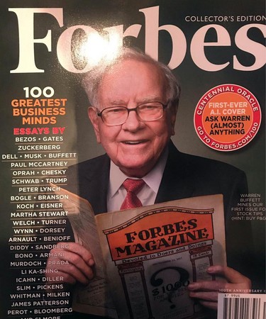 美國富比士雜誌（Forbes）慶祝創刊100週年，選了全球百大現今最偉大商業思想家，封面為「股神」巴菲特，台積電董事長張忠謀也名列百大商業思想家。（台積電提供）