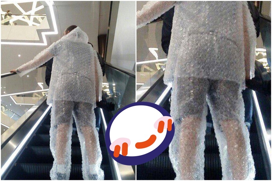 ▲一名網友看見有人身穿「氣泡紙雨衣」的設計，詢問網路不知道台灣哪裡有在賣。（圖／翻攝自爆廢公社）