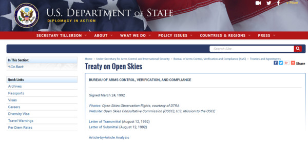 ▲▼美國國務院在官網上公布《開放天空條約》（Treaty on Open Skies）詳細內容。（圖／翻攝自美國國務院官網）