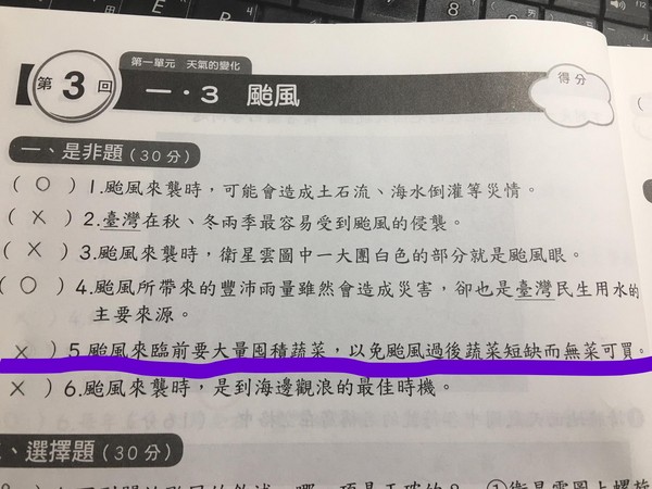 ▲「颱風來臨前要囤積蔬菜？」　這題答案讓人好驚訝。（圖／翻攝自彭啟明臉書）