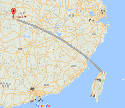 ▲台灣至三峽大壩。（圖／GOOGLE MAP）