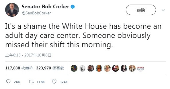 ▲▼共和黨資深參議員科克（Bob Corker）認為，白宮成為了成人日托中心，暗指川普有問題。（圖／翻攝自科克推特）