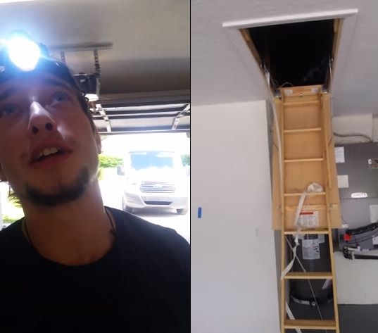 冷氣工人在車庫上方發現神秘小隔間（圖／翻攝自YouTube@ViralHog）
