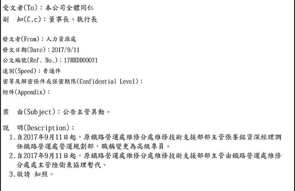 高鐵2度發信給全體員工，9月將張峯銘調離非主管職。