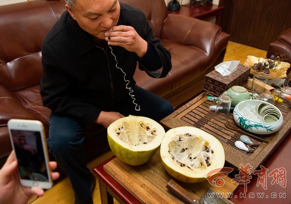 ▲西安牛先生展示放置了3年的西瓜，雖然果肉都乾掉了，但切開時仍有著清香。（圖／翻攝自陸網，下同）