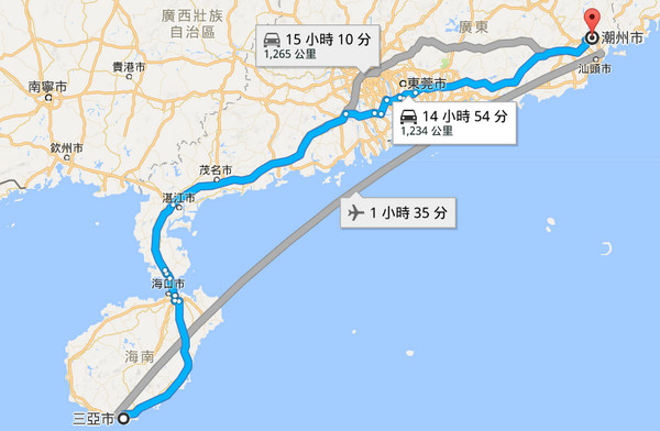 ▲賴文冰從海南跑將近1300公里到廣東。（圖／翻攝自Google Map）