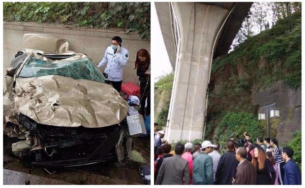 ▲▼四川宜賓女司機停車加油太猛衝下20米懸崖，車毀人沒事。（圖／翻攝自成都商報）